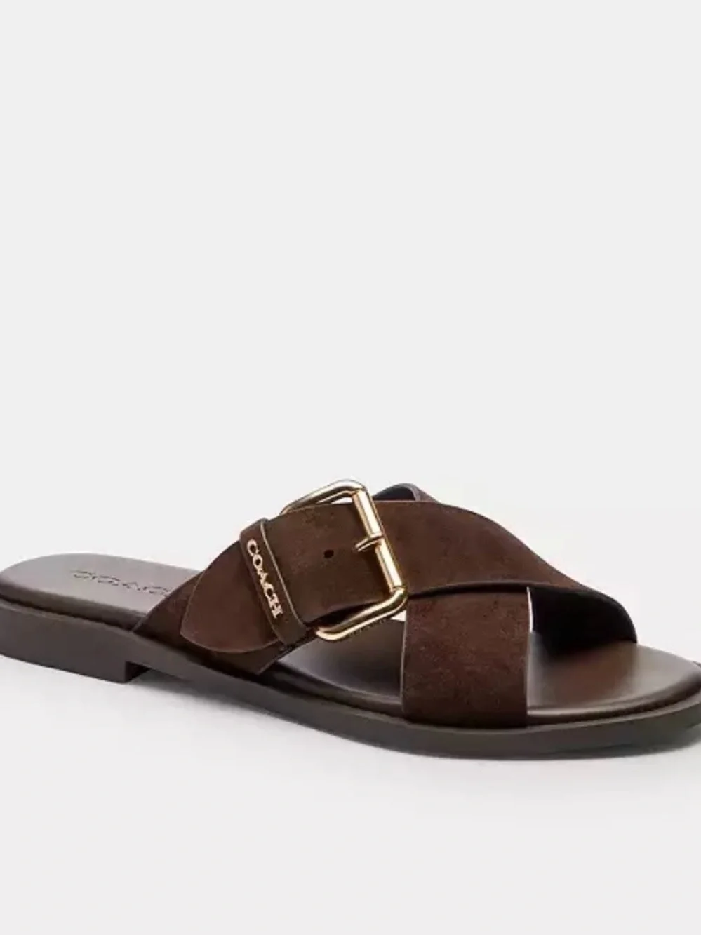 COACH Dark Brown Suede Cross-Buckle Slide Sandal